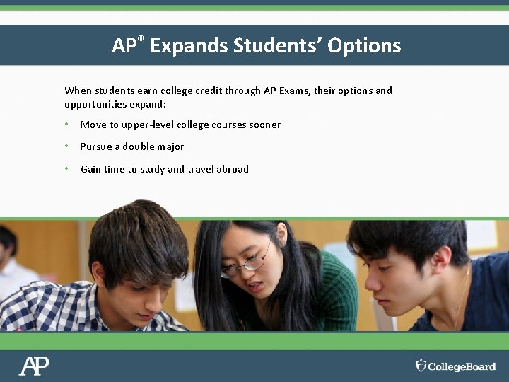 AP® Expands Students’ Options When students earn college credit through AP Exams, their options