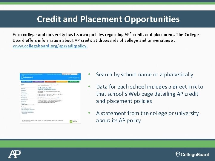 Credit and Placement Opportunities Each college and university has its own policies regarding AP®