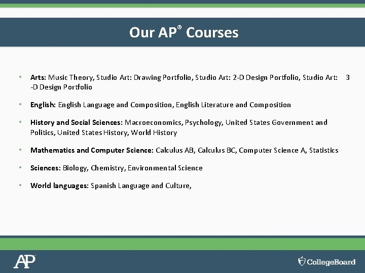 Our AP® Courses • Arts: Music Theory, Studio Art: Drawing Portfolio, Studio Art: 2