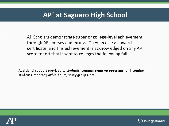 AP® at Saguaro High School AP Scholars demonstrate superior college-level achievement through AP courses