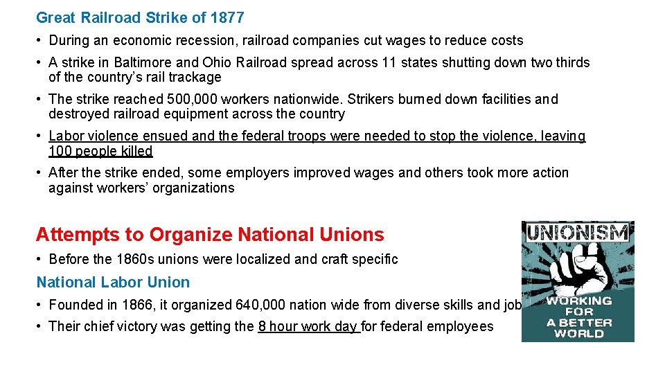 Great Railroad Strike of 1877 • During an economic recession, railroad companies cut wages