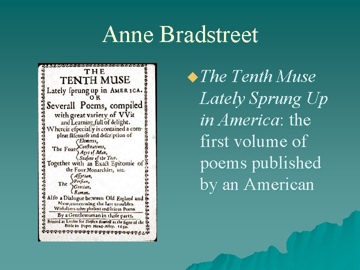 Anne Bradstreet u The Tenth Muse Lately Sprung Up in America: the first volume