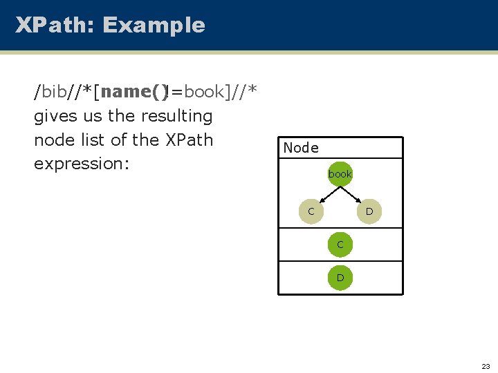 XPath: Example /bib//*[name()!=book]//* gives us the resulting node list of the XPath expression: Node