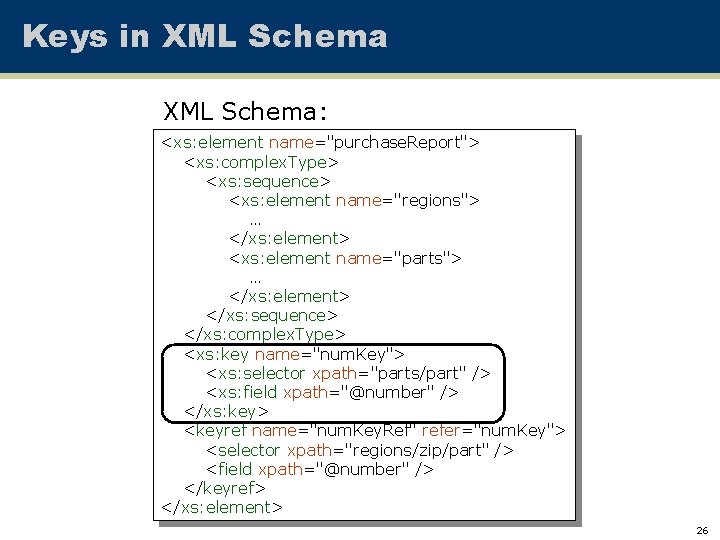 Keys in XML Schema: <xs: element name="purchase. Report"> <xs: complex. Type> <xs: sequence> <xs: