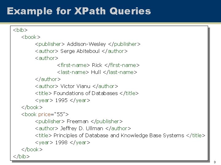 Example for XPath Queries <bib> <book> <publisher> Addison-Wesley </publisher> <author> Serge Abiteboul </author> <first-name>