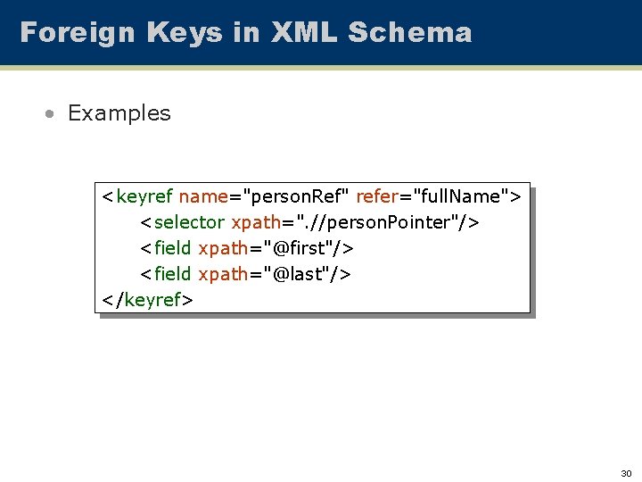 Foreign Keys in XML Schema • Examples <keyref name="person. Ref" refer="full. Name"> <selector xpath=". Foreign Keys in XML Schema • Examples <keyref name="person. Ref" refer="full. Name"> <selector xpath=".
