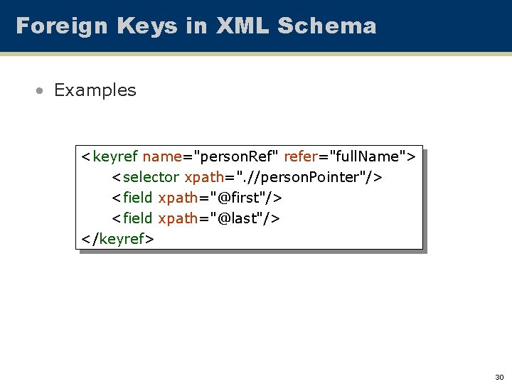 Foreign Keys in XML Schema • Examples <keyref name="person. Ref" refer="full. Name"> <selector xpath=".