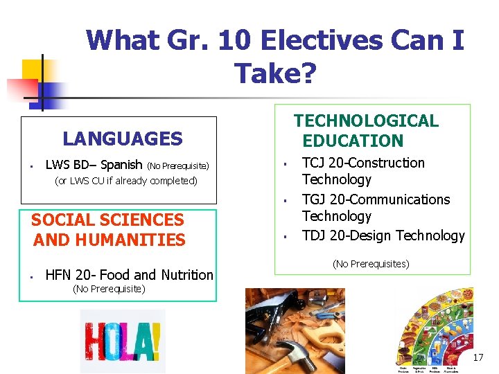 What Gr. 10 Electives Can I Take? TECHNOLOGICAL EDUCATION LANGUAGES § LWS BD– Spanish