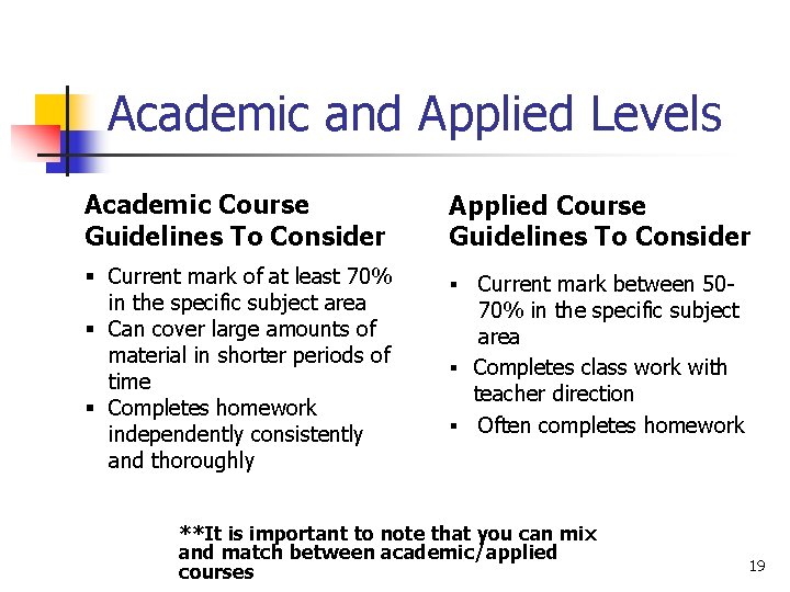 Academic and Applied Levels Academic Course Guidelines To Consider § Current mark of at