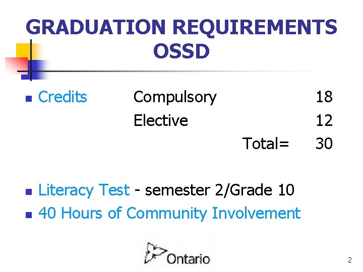 GRADUATION REQUIREMENTS OSSD n Credits Compulsory Elective Total= n n 18 12 30 Literacy