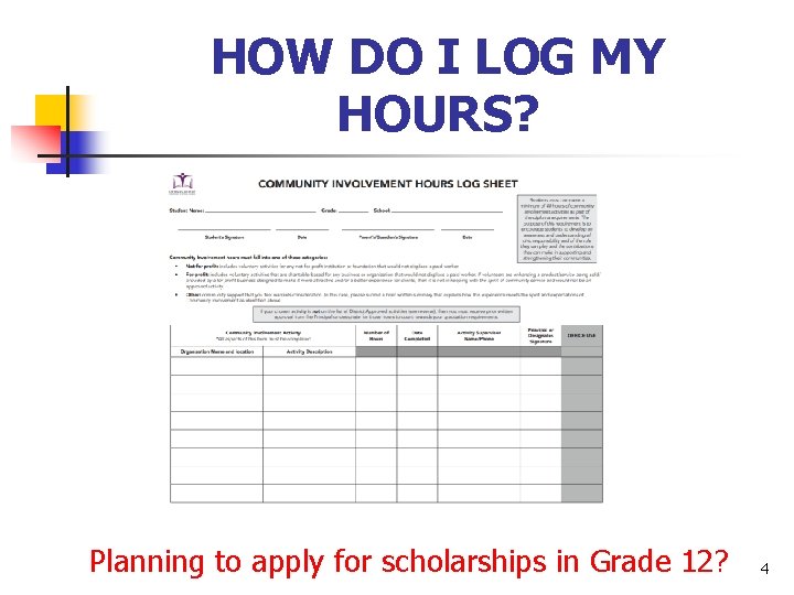 HOW DO I LOG MY HOURS? Planning to apply for scholarships in Grade 12?