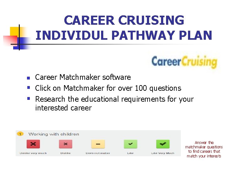 CAREER CRUISING INDIVIDUL PATHWAY PLAN n § § Career Matchmaker software Click on Matchmaker