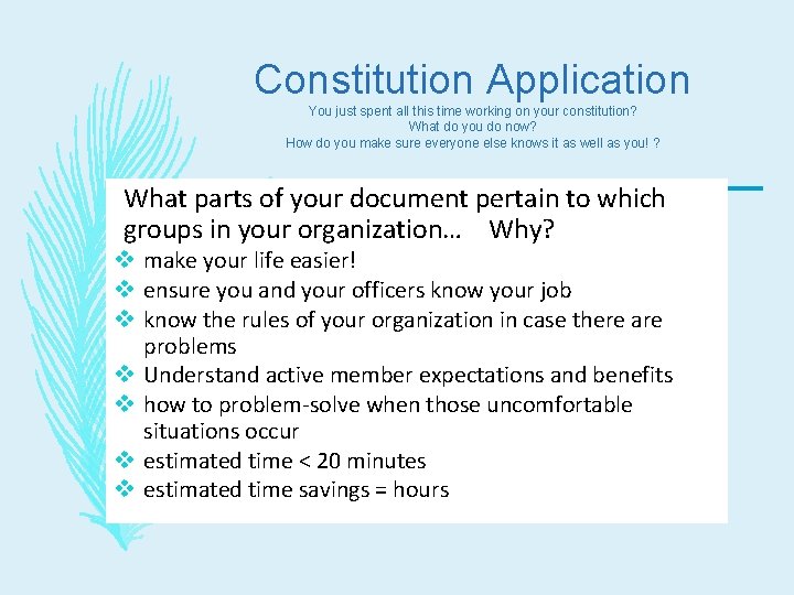 Constitution Application You just spent all this time working on your constitution? What do
