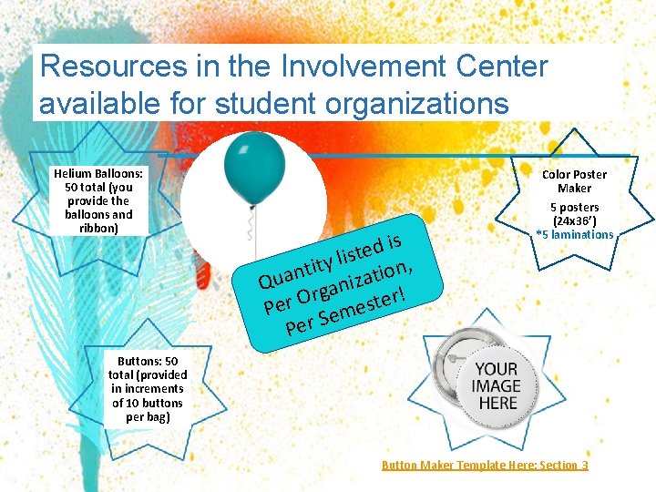 Resources in the Involvement Center available for student organizations Helium Balloons: 50 total (you