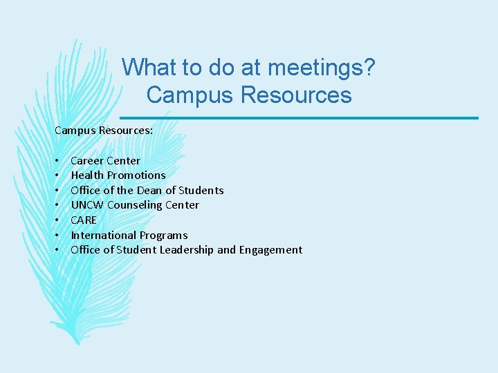 What to do at meetings? Campus Resources: • • Career Center Health Promotions Office