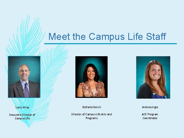 Meet the Campus Life Staff Larry Wray Stefanie Norris Andrea Ingle Executive Director of