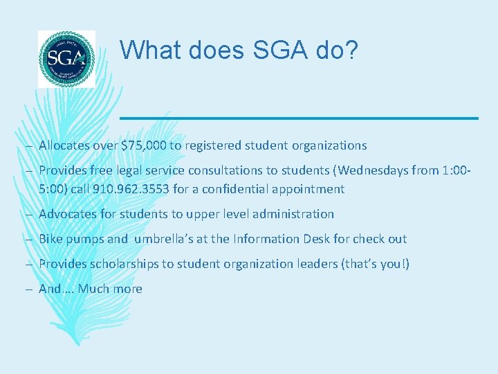 What does SGA do? – Allocates over $75, 000 to registered student organizations –