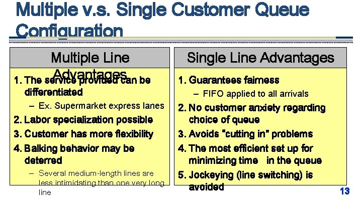 Multiple v. s. Single Customer Queue Configuration Multiple Line Advantages 1. The service provided