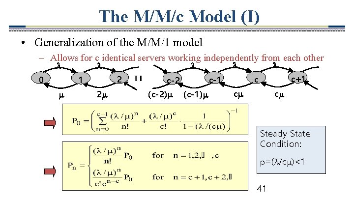 The M/M/c Model (I) • Generalization of the M/M/1 model – Allows for c