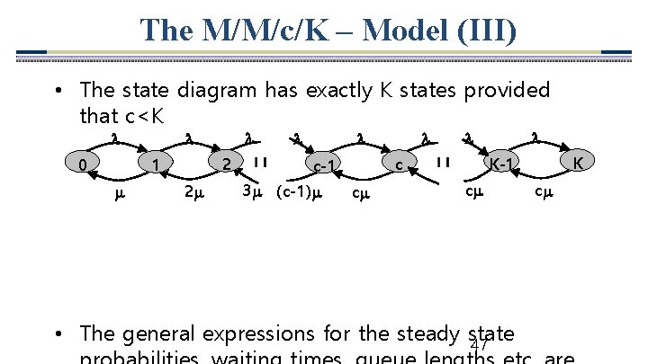 The M/M/c/K – Model (III) • The state diagram has exactly K states provided