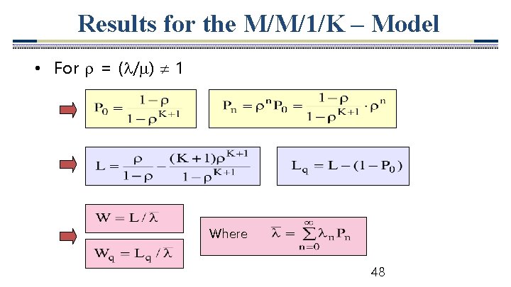Results for the M/M/1/K – Model • For = ( / ) 1 Where