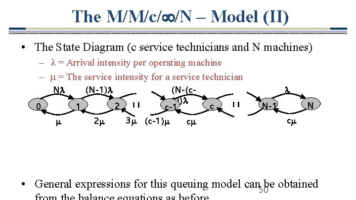 The M/M/c/ /N – Model (II) • The State Diagram (c service technicians and