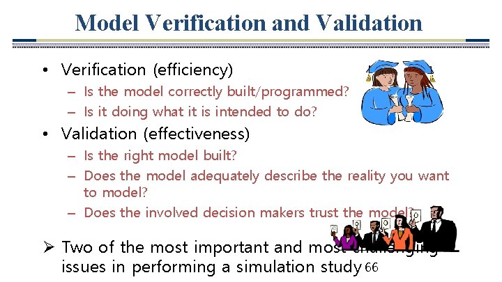 Model Verification and Validation • Verification (efficiency) – Is the model correctly built/programmed? –