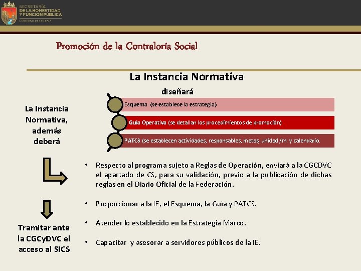 Promoción de la Contraloría Social La Instancia Normativa diseñará Esquema (se establece la estrategia)