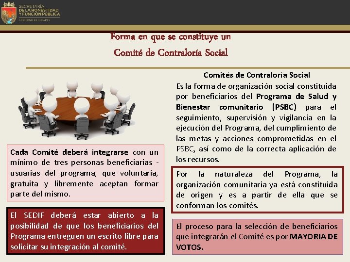 Forma en que se constituye un Comité de Contraloría Social Cada Comité deberá integrarse