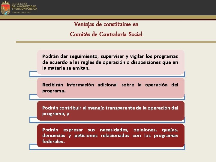 Ventajas de constituirse en Comités de Contraloría Social Podrán dar seguimiento, supervisar y vigilar