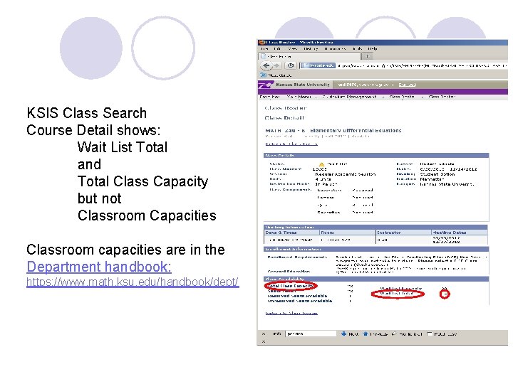 KSIS Class Search Course Detail shows: Wait List Total and Total Class Capacity but