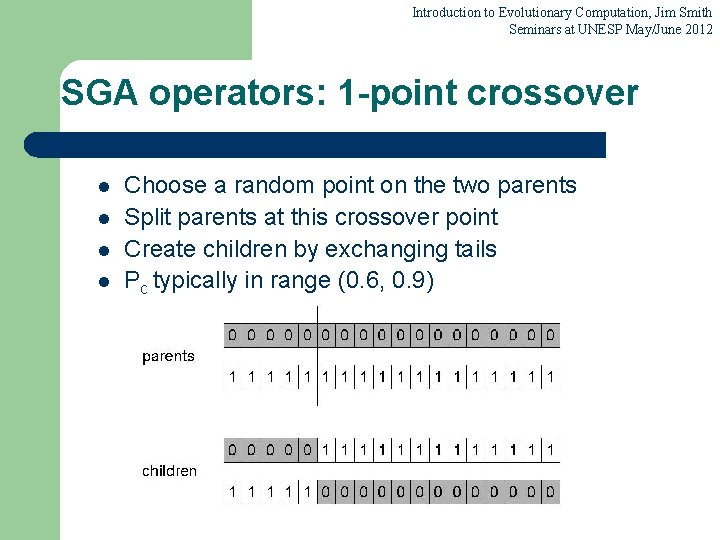 Introduction to Evolutionary Computation, Jim Smith Seminars at UNESP May/June 2012 SGA operators: 1