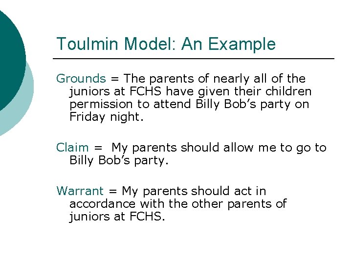 Toulmin Model: An Example Grounds = The parents of nearly all of the juniors