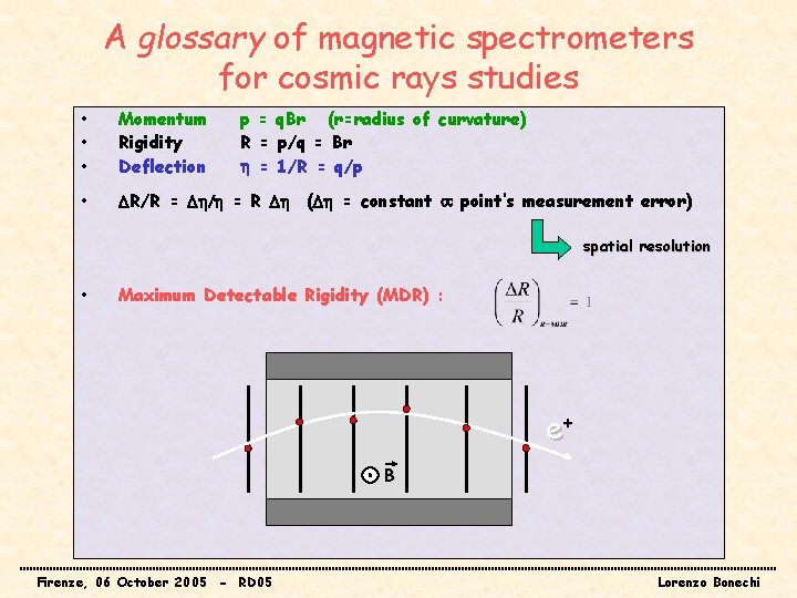 A glossary of magnetic spectrometers for cosmic rays studies • • • Momentum Rigidity