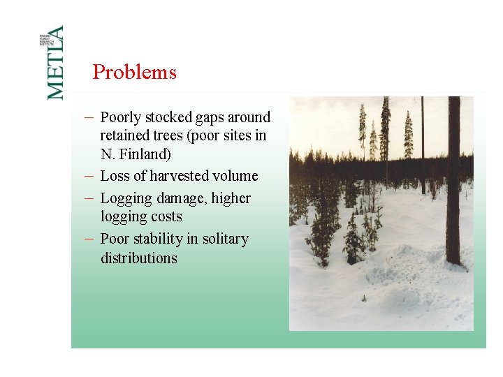Problems - Poorly stocked gaps around - retained trees (poor sites in N. Finland) Problems - Poorly stocked gaps around - retained trees (poor sites in N. Finland)