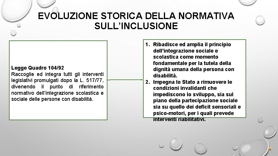 EVOLUZIONE STORICA DELLA NORMATIVA SULL’INCLUSIONE Legge Quadro 104/92 Raccoglie ed integra tutti gli interventi