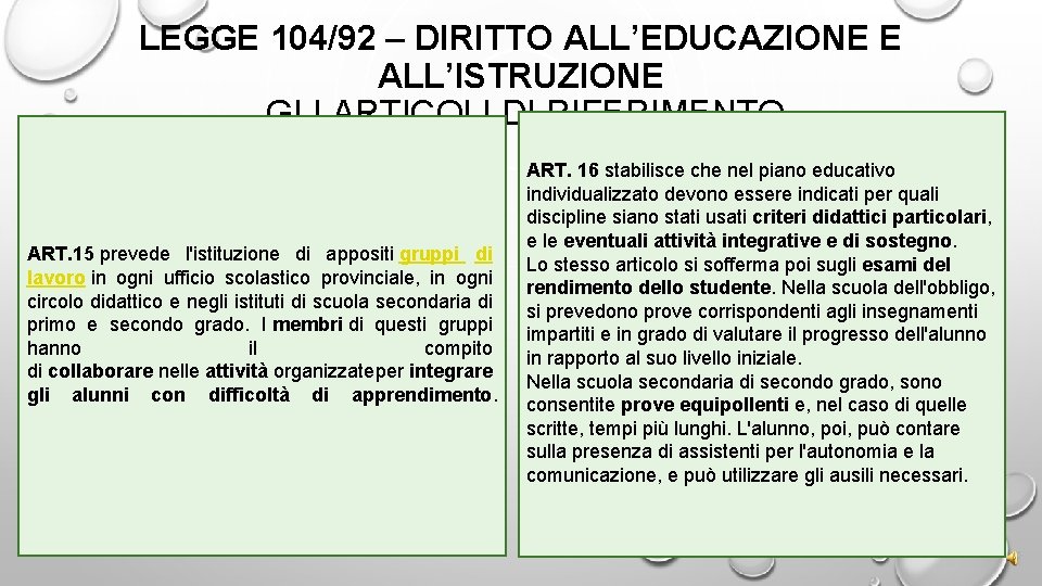 LEGGE 104/92 – DIRITTO ALL’EDUCAZIONE E ALL’ISTRUZIONE GLI ARTICOLI DI RIFERIMENTO ART. 15 prevede