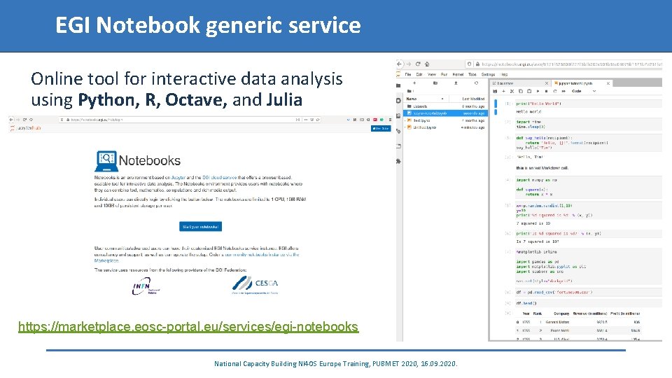 EGI Notebook generic service Online tool for interactive data analysis using Python, R, Octave,