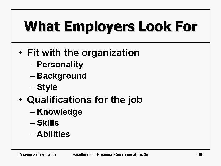 What Employers Look For • Fit with the organization – Personality – Background –