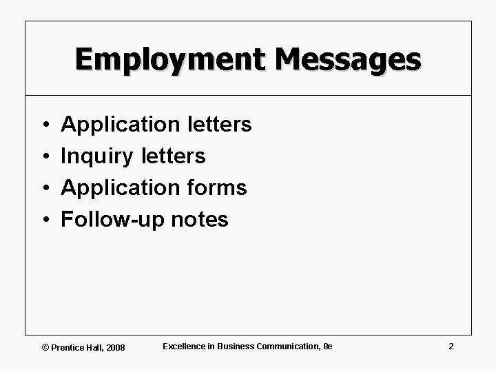 Employment Messages • • Application letters Inquiry letters Application forms Follow-up notes © Prentice