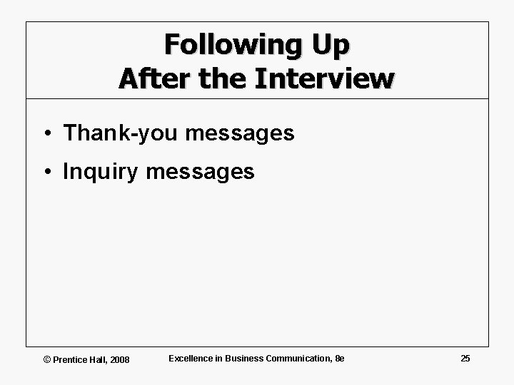 Following Up After the Interview • Thank-you messages • Inquiry messages © Prentice Hall,