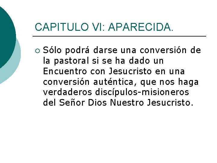 CAPITULO VI: APARECIDA. ¡ Sólo podrá darse una conversión de la pastoral si se