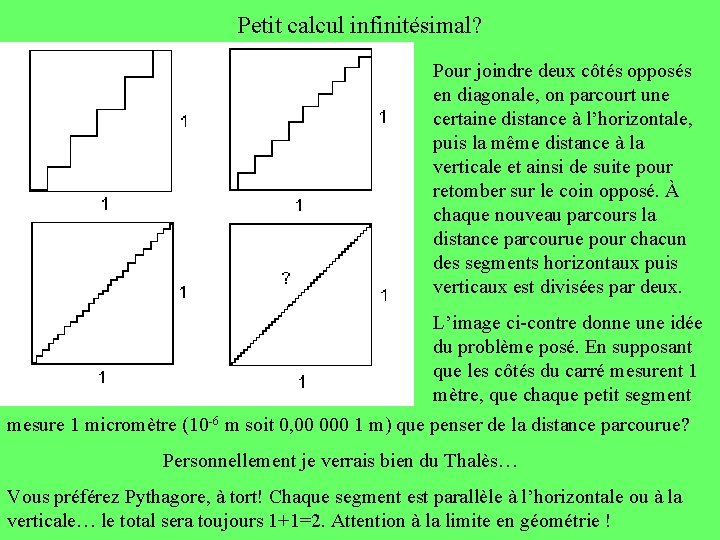 Petit calcul infinitésimal? Pour joindre deux côtés opposés en diagonale, on parcourt une certaine