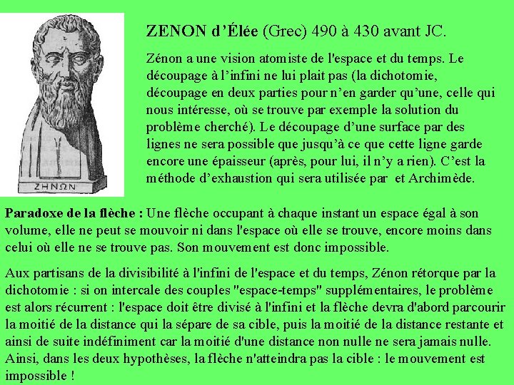ZENON d’Élée (Grec) 490 à 430 avant JC. Zénon a une vision atomiste de