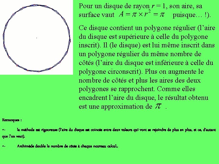 Pour un disque de rayon r = 1, son aire, sa surface vaut puisque…