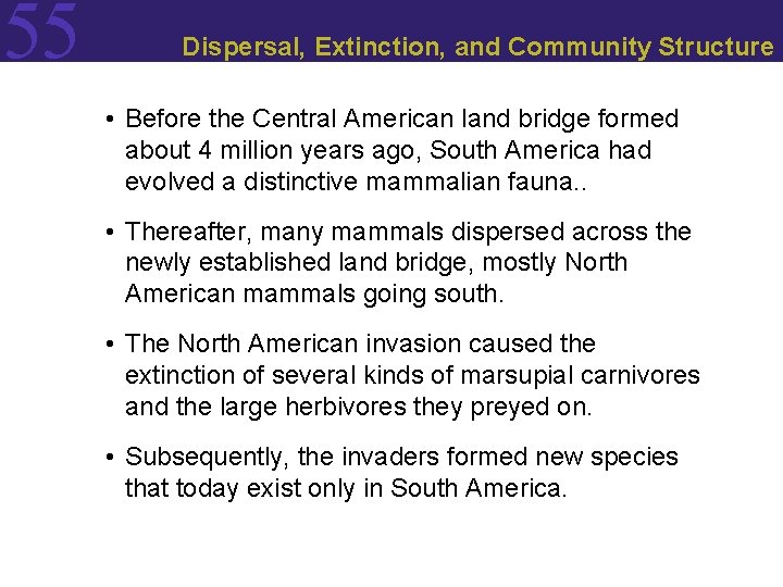 55 Dispersal, Extinction, and Community Structure • Before the Central American land bridge formed