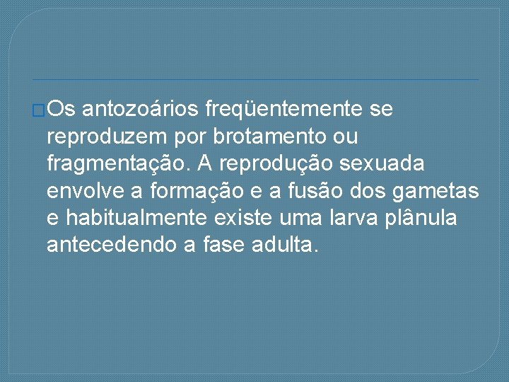 �Os antozoários freqüentemente se reproduzem por brotamento ou fragmentação. A reprodução sexuada envolve a