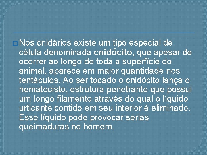 � Nos cnidários existe um tipo especial de célula denominada cnidócito, que apesar de