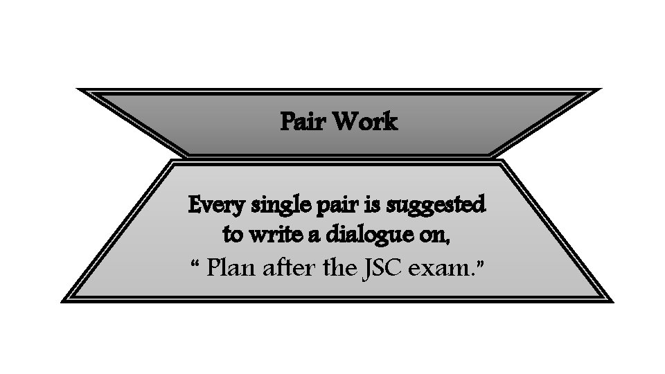 Pair Work Every single pair is suggested to write a dialogue on, “ Plan