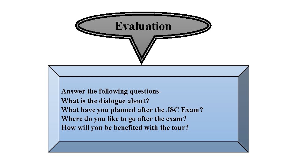 Evaluation Answer the following questions. What is the dialogue about? What have you planned